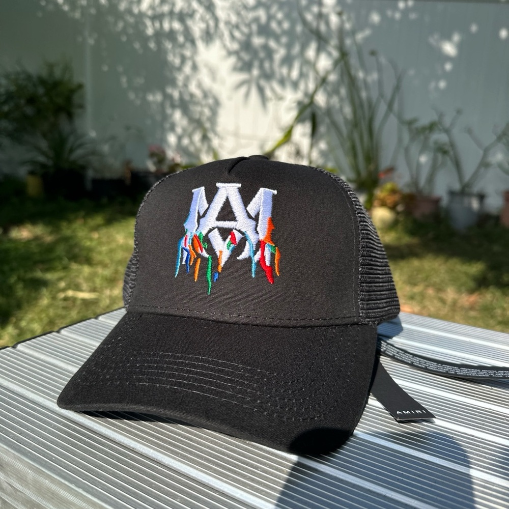 AMIRI MESH TRUCKER HAT BLACK/RAINBOW PAINT DRIP “MA” LOGO NWT